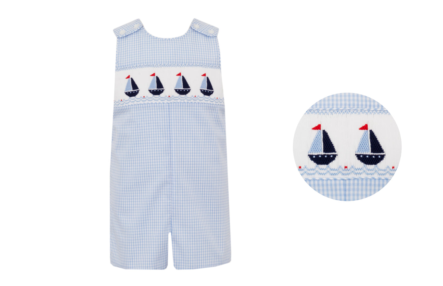 Anavini Toddler Boys Blue Gingham Smocked Sailboats Jon Jon