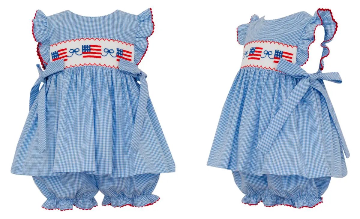 Anavini Girls Blue Gingham Smocked Patriotic Flags Bloomers Set by Anavini