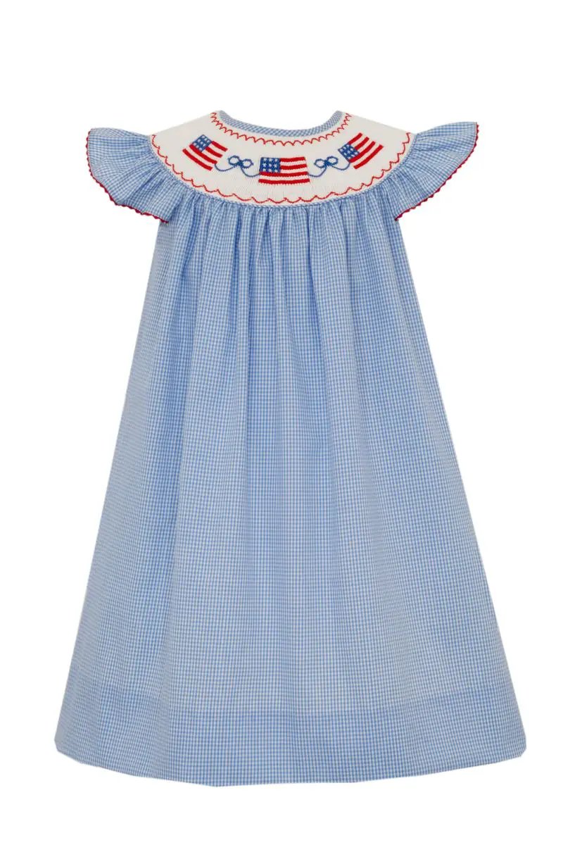 Anavini Girls Blue Gingham Smocked USA Flags Dress - Flutter Sleeves by Anavini