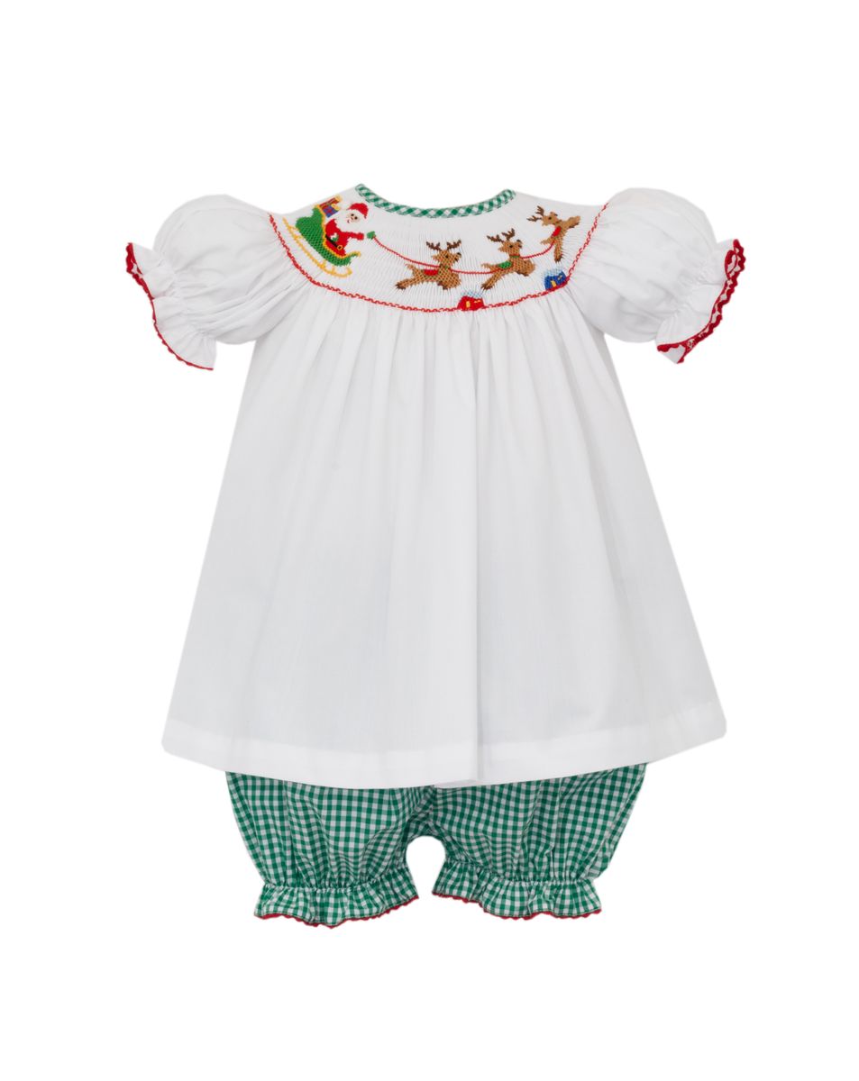 Anavini Girls Green Gingham Bishop Bloomer Set with White Smocked Santa Sleigh Top by Anavini