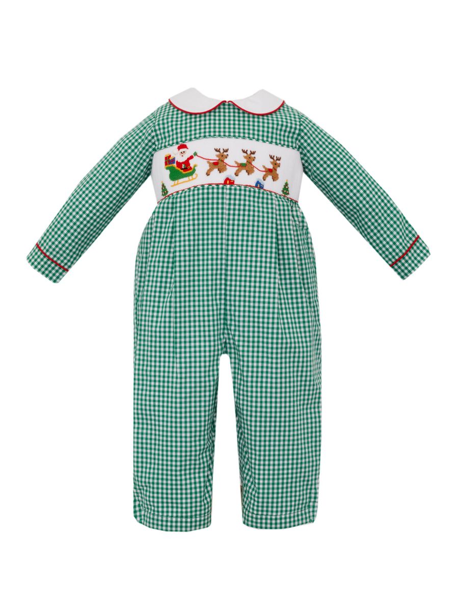 Anavini Boys Green Gingham Santa Sleigh Long Romper by Anavini