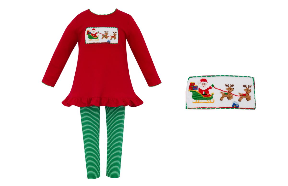 Anavini Girls Red Knit Santa Sleigh Tunic Set with Green Knit Leggings by Anavini