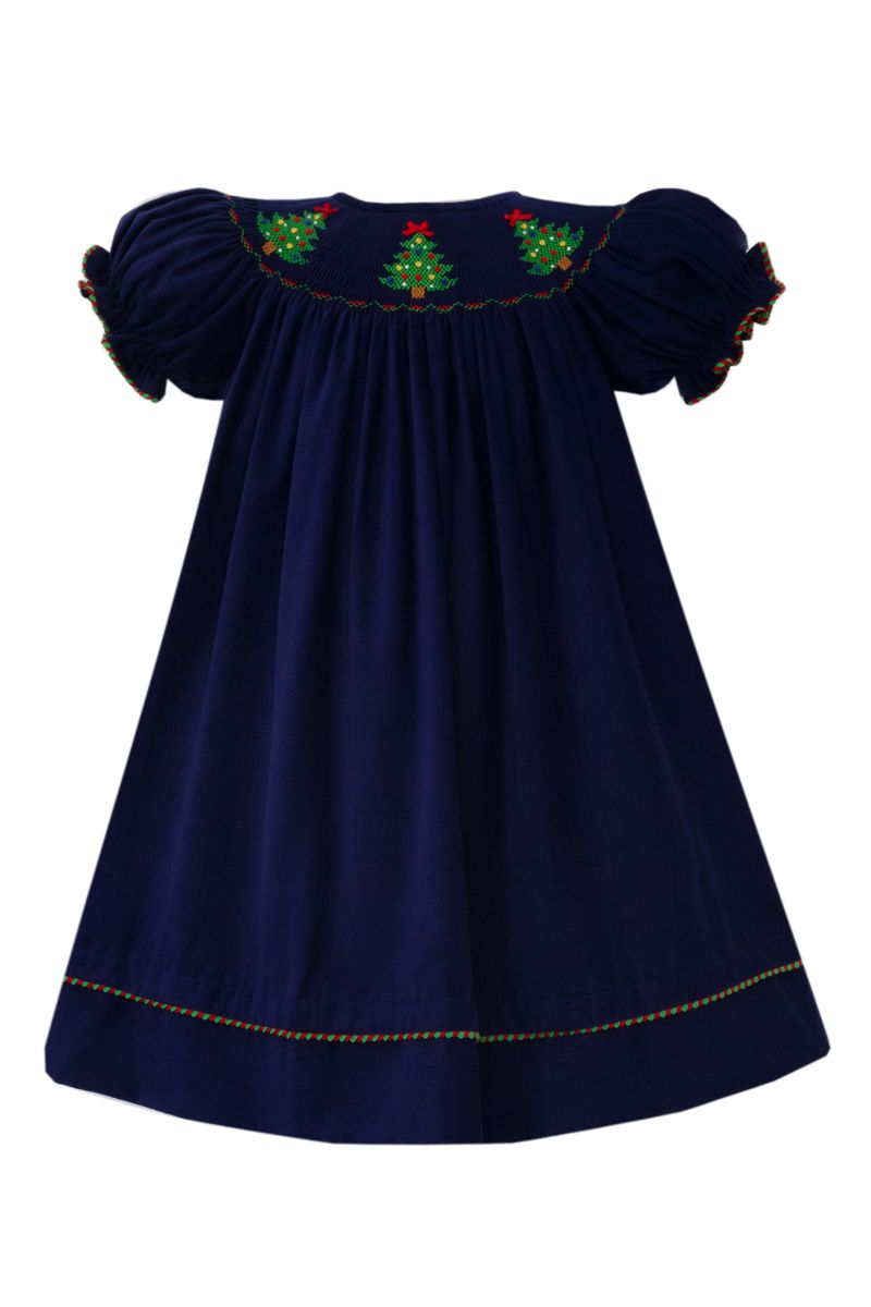 Anavini Girls Navy Blue Corduroy Bishop Dress with Smocked Christmas Trees
