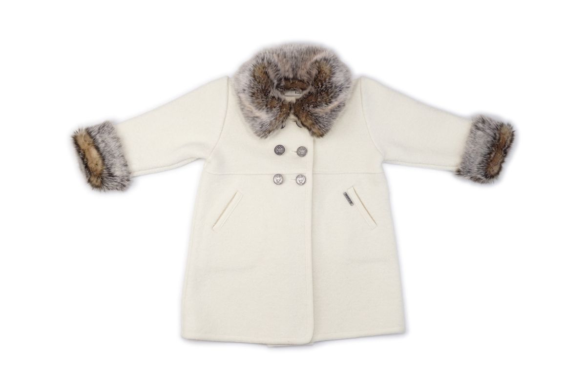 Marae Girls Luxury Dress Coat - Double Breasted - Cream with Faux Fur Collar & Cuffs