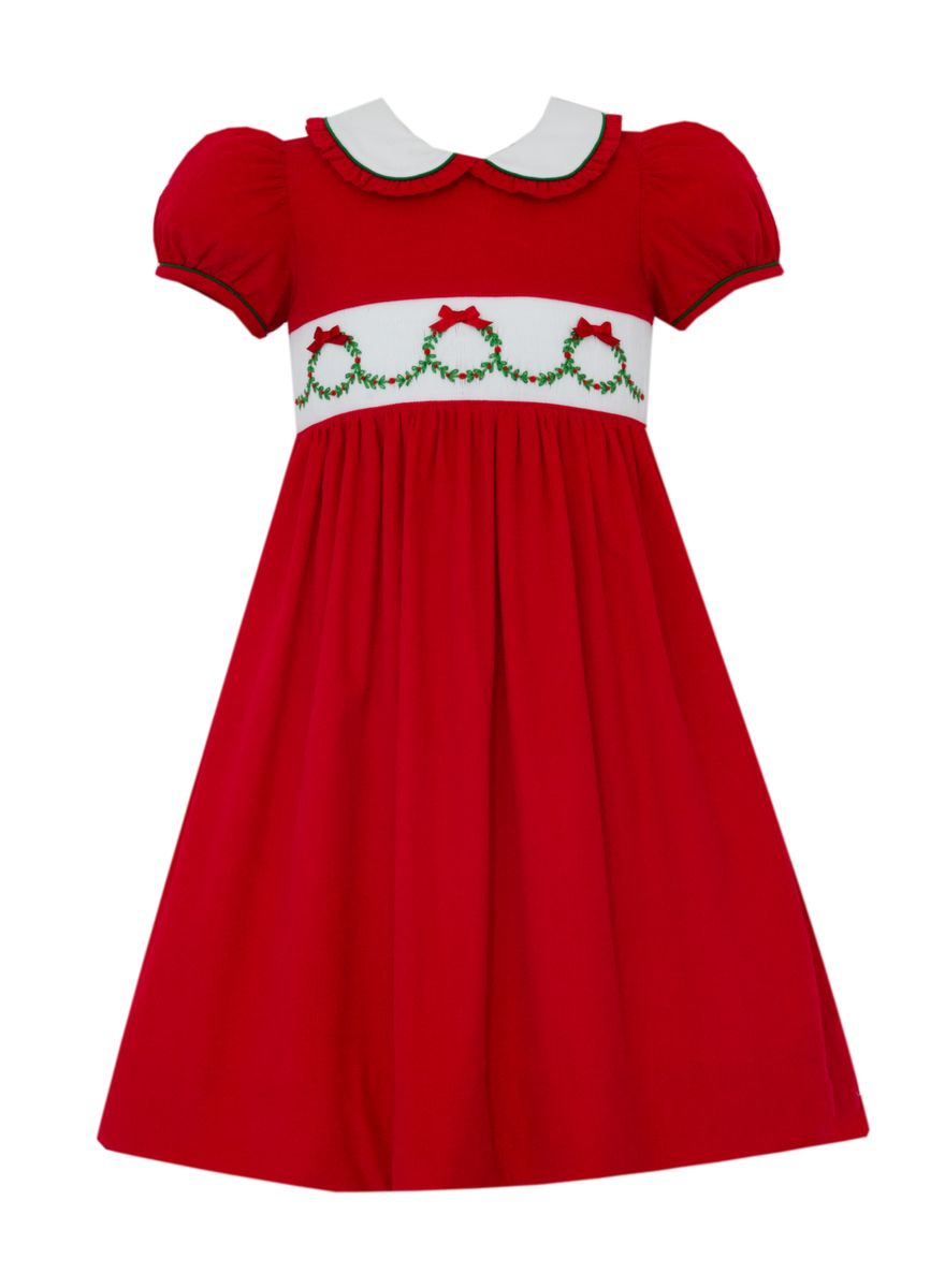 Anavini Girls Red Corduroy Smocked Holiday Wreath Dress Anavini Girls Red Corduroy Smocked Holiday Wreath Dress