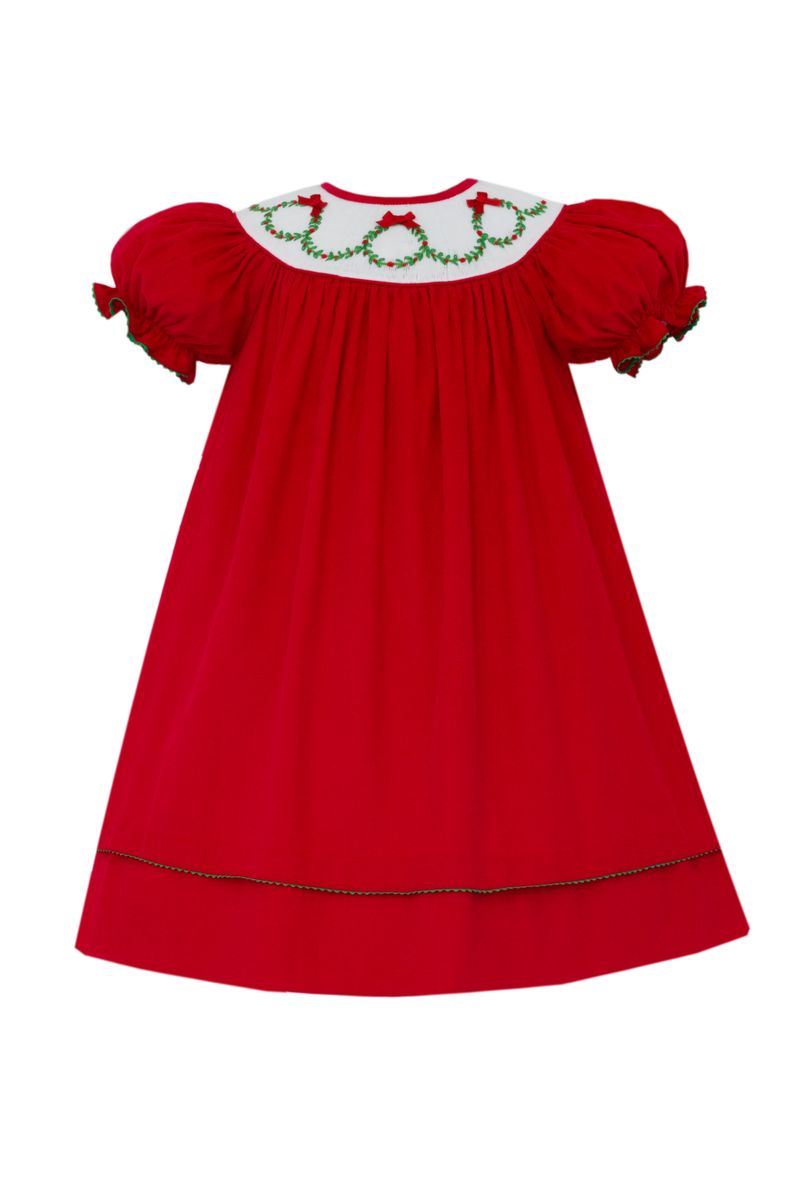 Anavini Girls Red Corduroy Bishop Dress Smocked Holiday Wreaths 4T