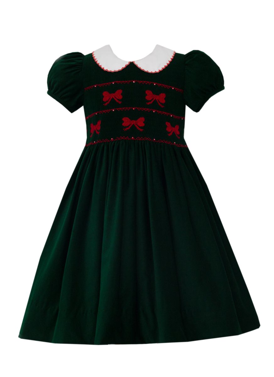 Anavini Couture Girls Green Corduroy Dress with Smocked Red Bows and White Collar 8