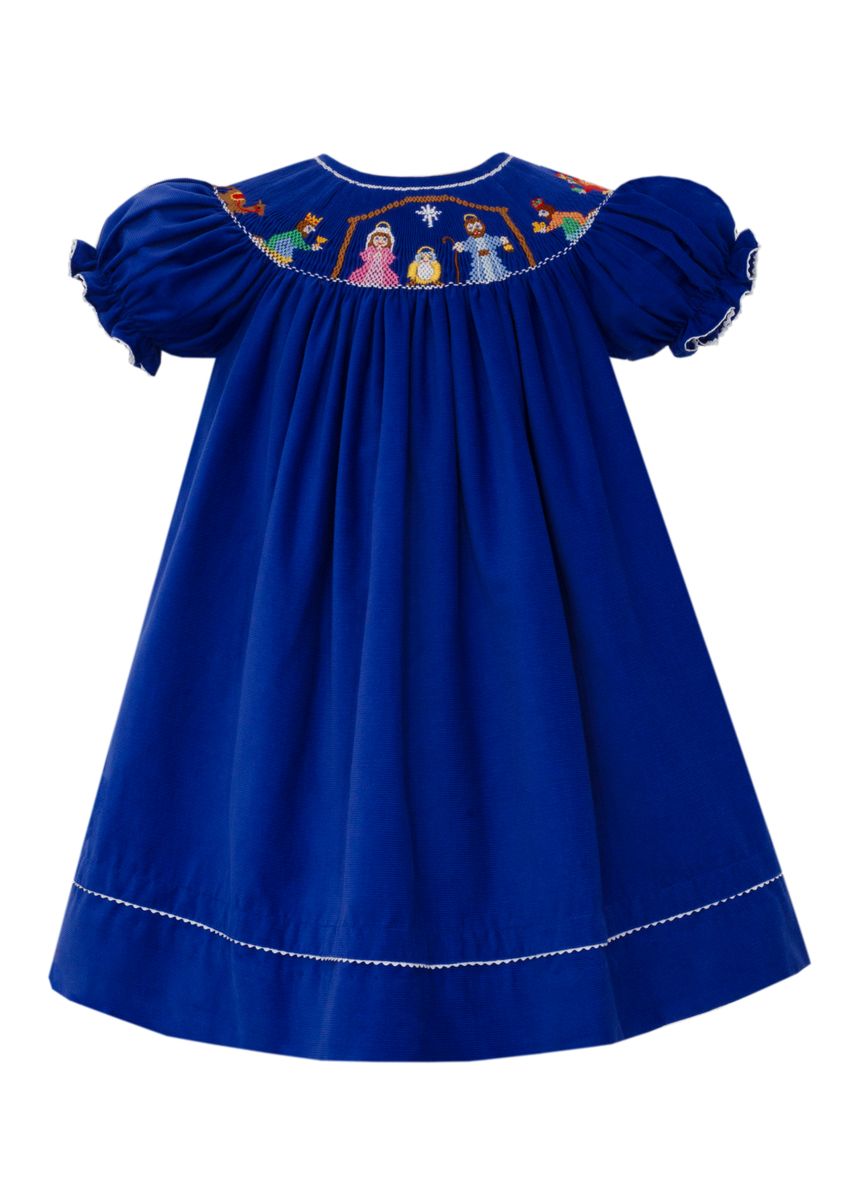 Anavini Girls Royal Blue Smocked Nativity Bishop Dress
