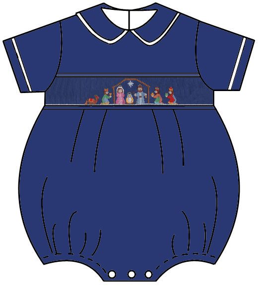 Anavini Baby Boys Royal Blue Corduroy Smocked Nativity Bubble