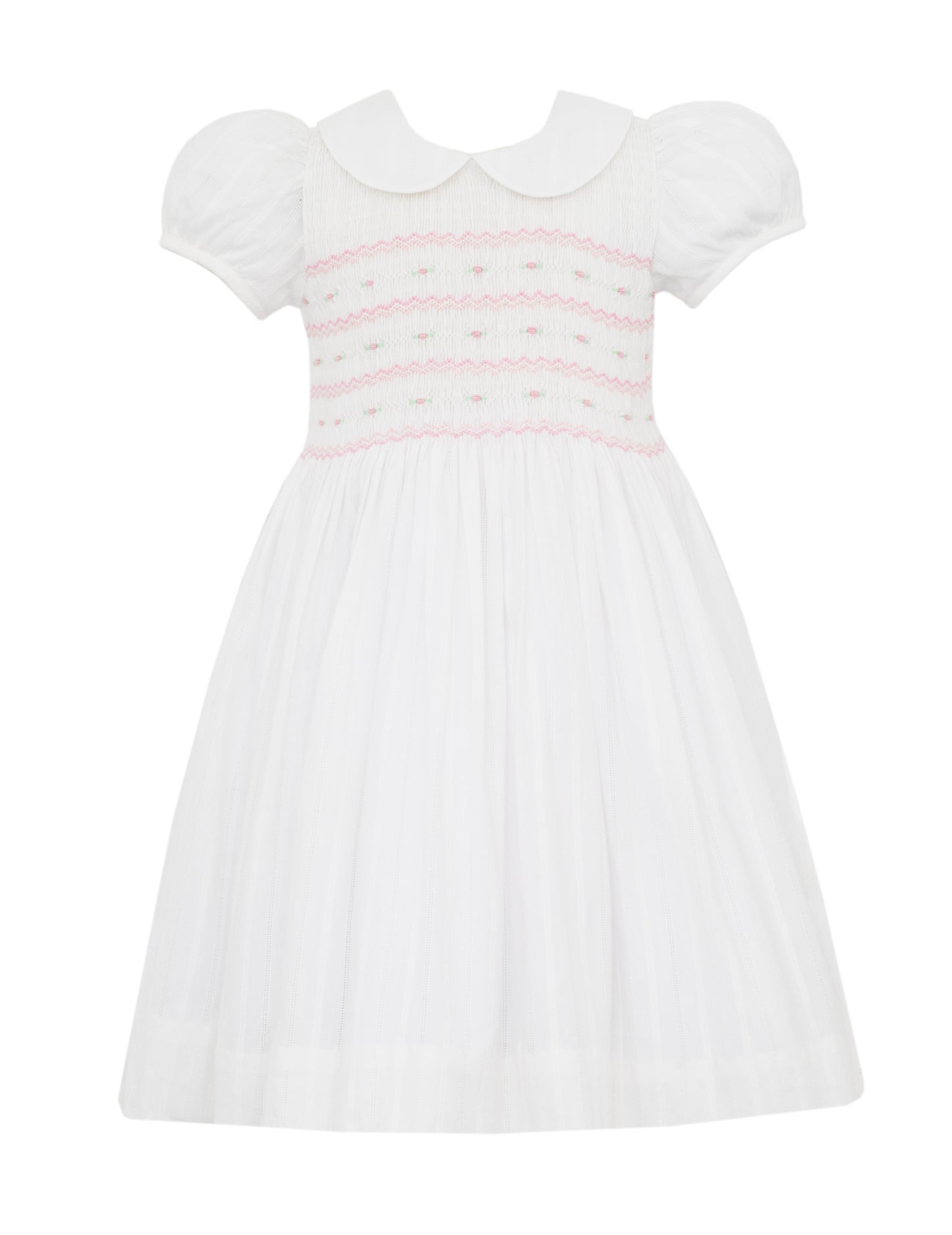 Anavini Couture Girls White Italian Brocade Dress - Bodice Smocked in Pink