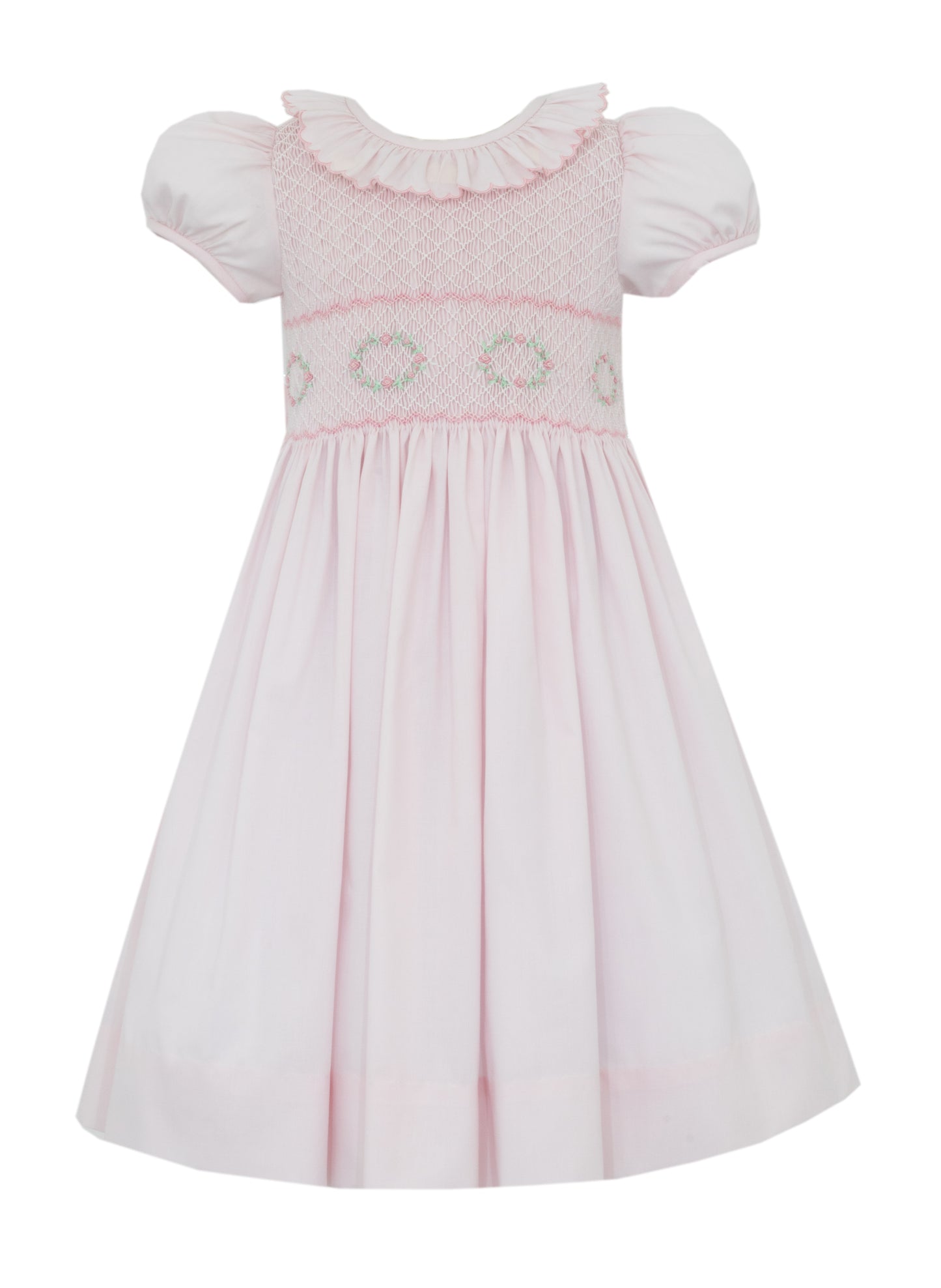 Anavini Couture Girls Pink Swiss Batiste Dress - Ruffle Collar - Fully Smocked Bodice
