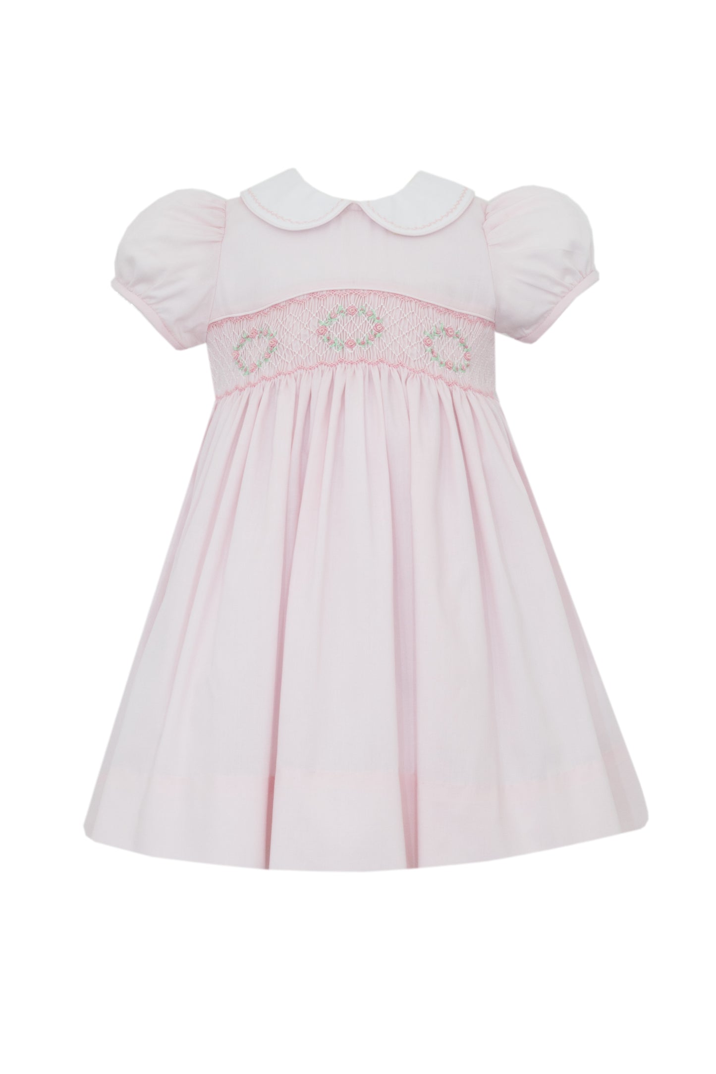 Anavini Couture Girls Pink Swiss Batiste Smocked Flowers Dress - White Collar