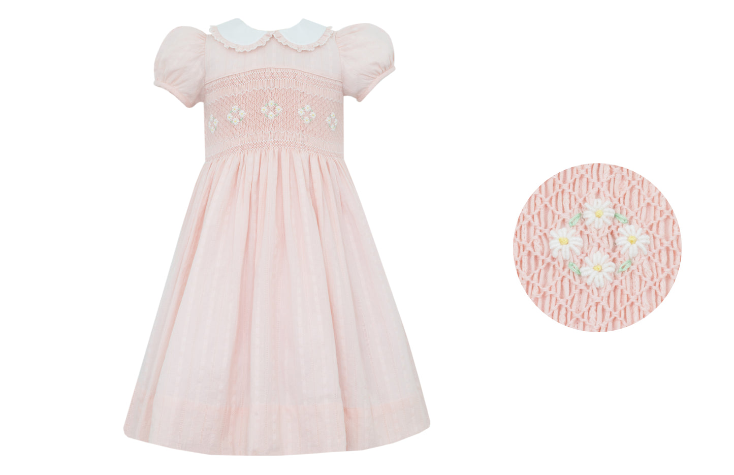 Anavini Couture Girls Rose Pink Italian Brocade Smocked Dress - White Collar