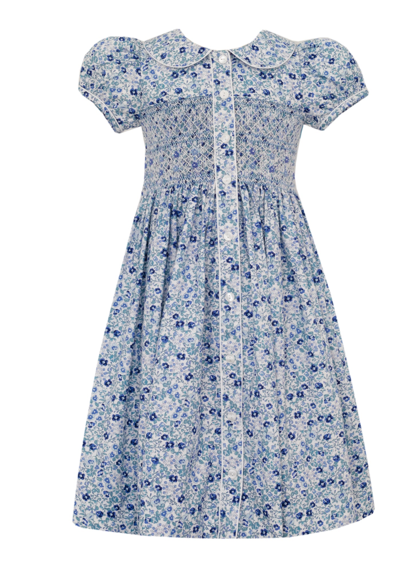 Anavini Couture Girls Blue Liberty Floral Smocked Button Front Dress