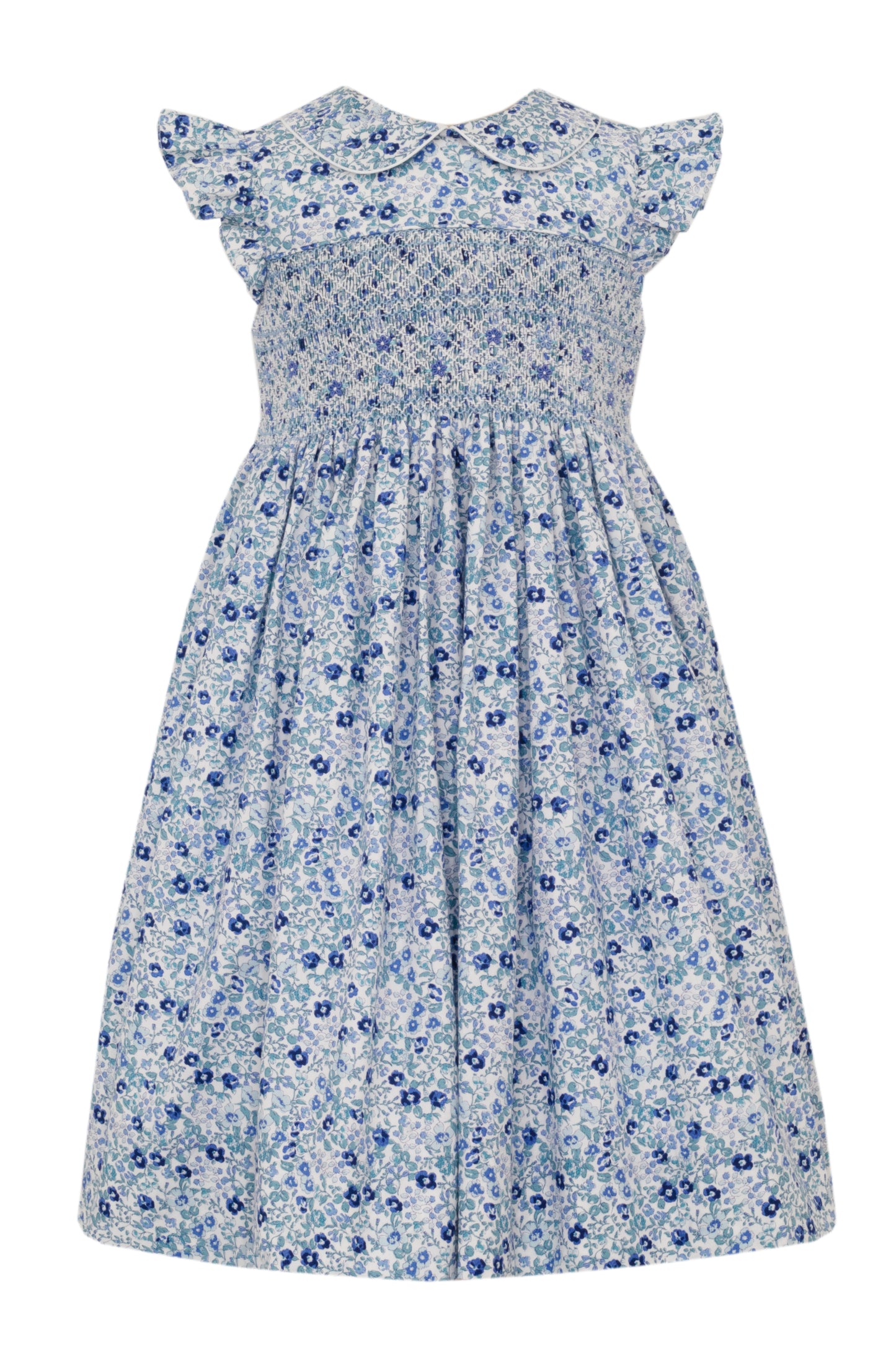 Anavini Couture Girls Blue Liberty Floral Flutter Sleeve Dress - Fully Smocked Bodice