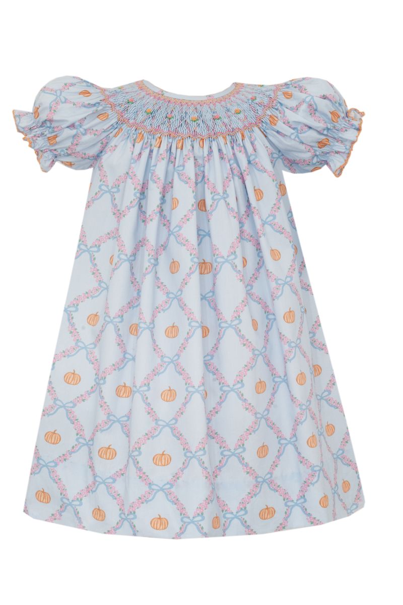 Anavini Girls Blue and Orange Pumpkins Print Smocked Bishop Dress