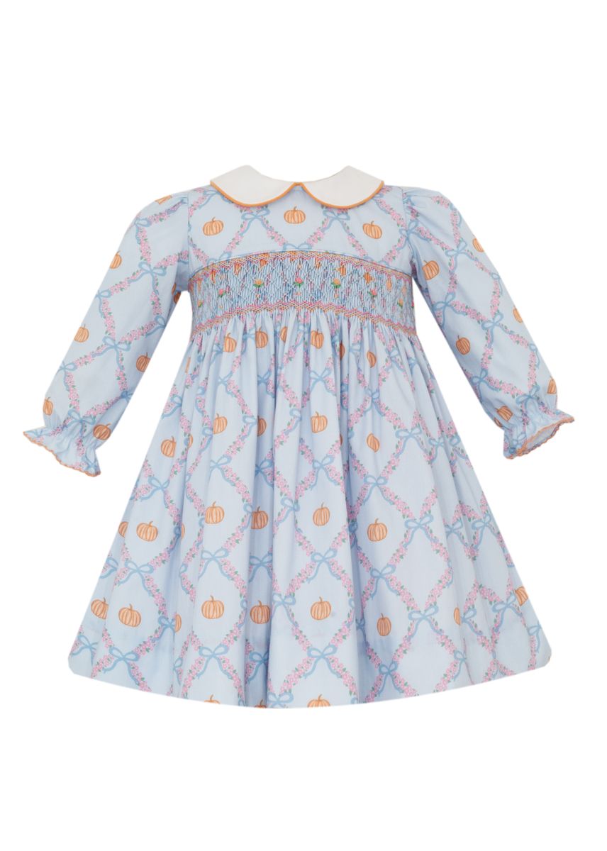 Anavini Girls Long Sleeved Smocked Dress - Blue and Orange Pumpkins Print
