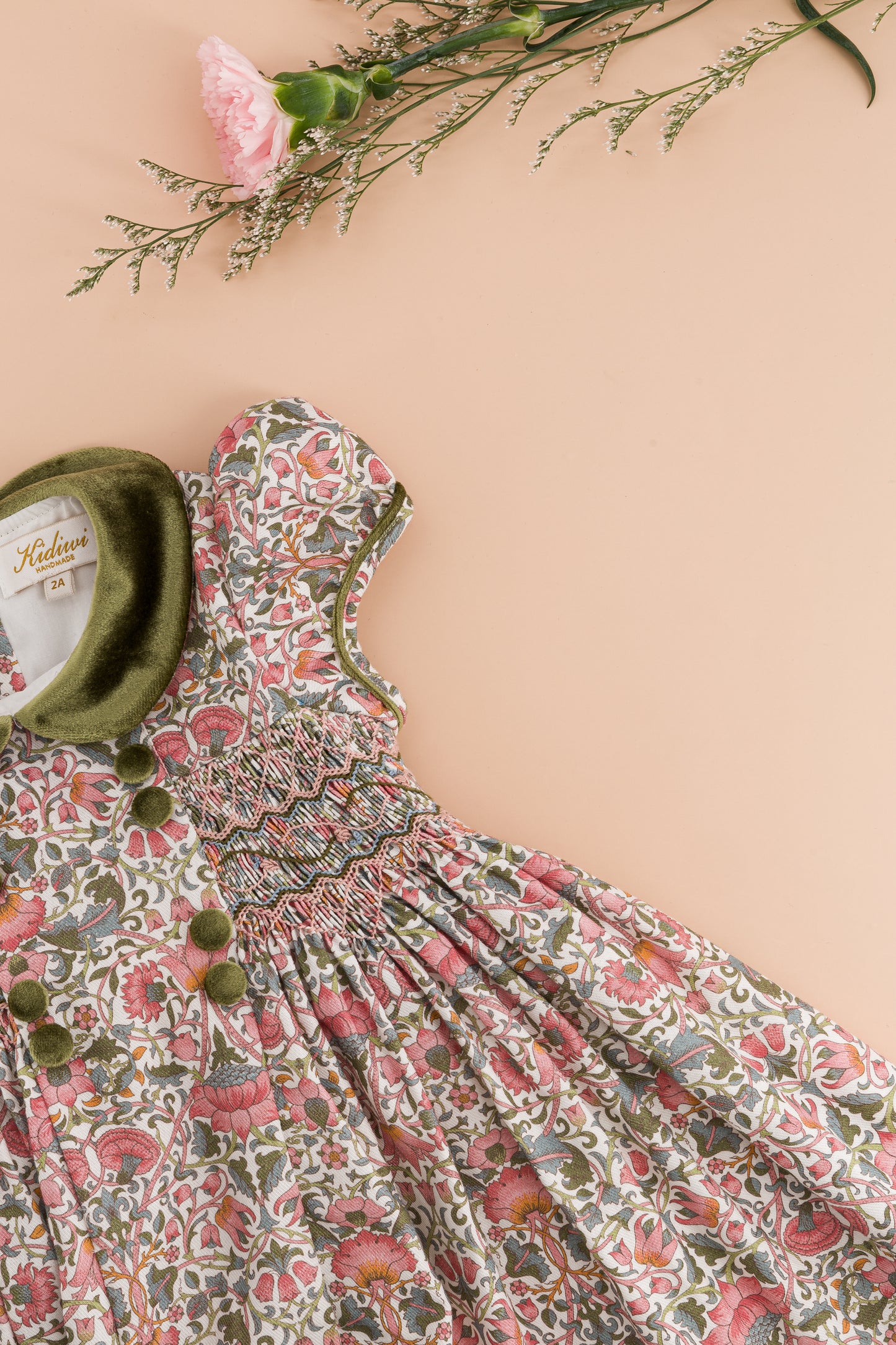 Kidiwi France Girls Pink & Green Floral Smocked Dress - Velvet Collar & Sash