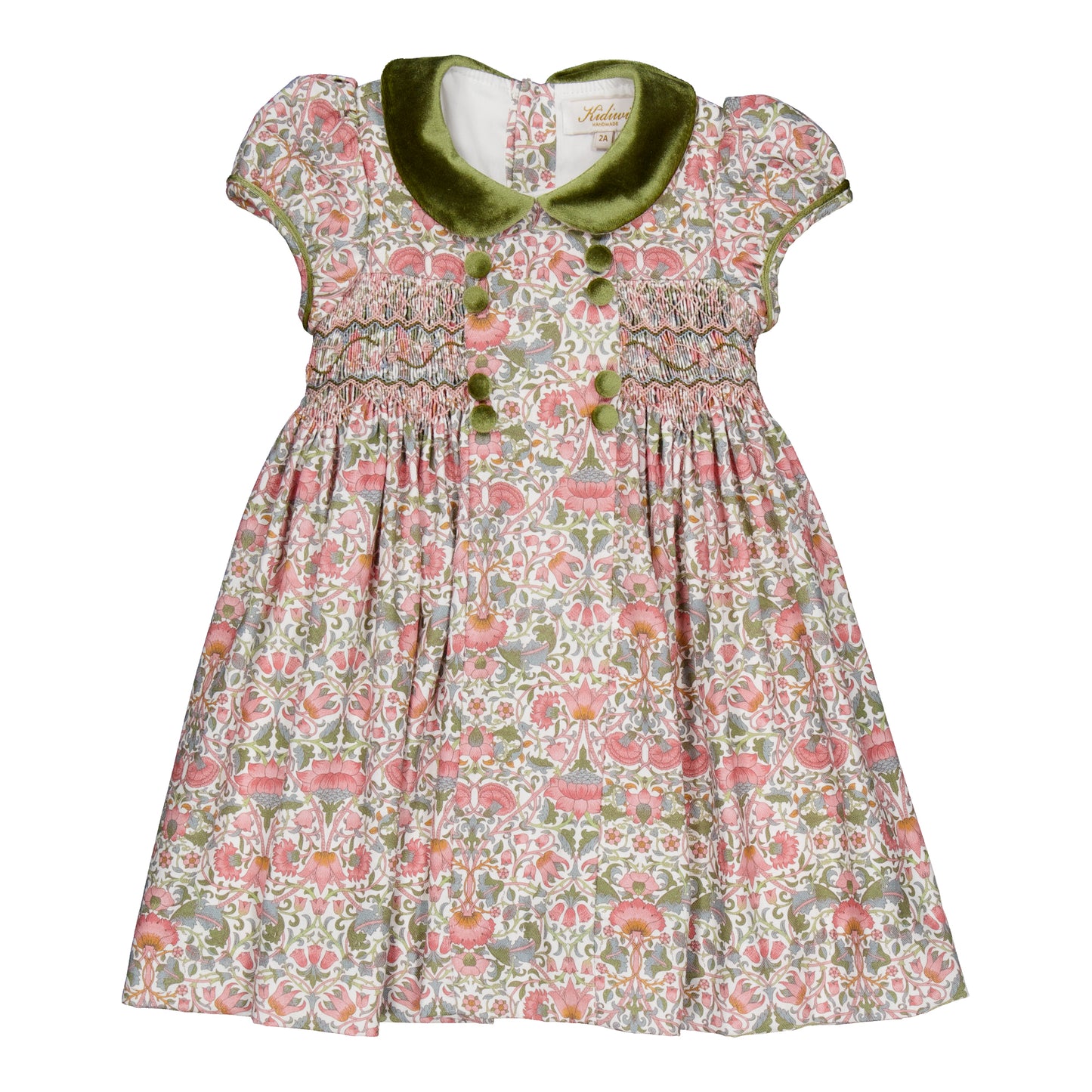 Kidiwi France Girls Pink & Green Floral Smocked Dress - Velvet Collar & Sash