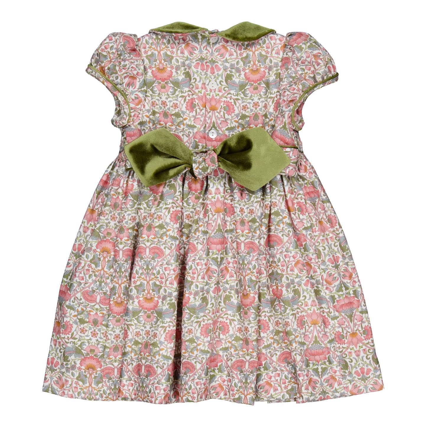 Kidiwi France Girls Pink & Green Floral Smocked Dress - Velvet Collar & Sash
