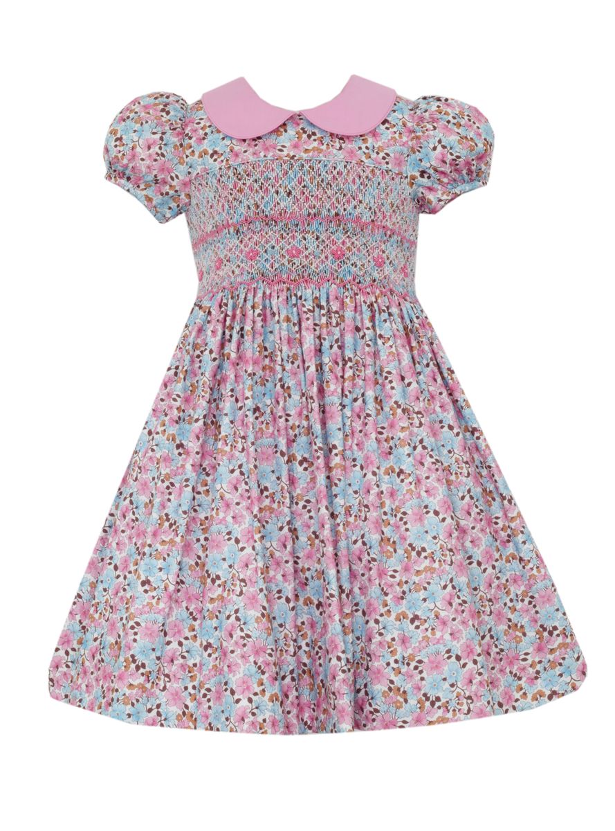 liberty smocked dress Anavini Couture Girls Pink and Blue Liberty Floral Smocked Dress with Pink Collar 8