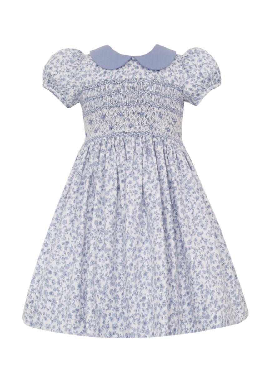 Anavini Couture Girls French Blue Floral Print Smocked Dress with Blue Collar 7