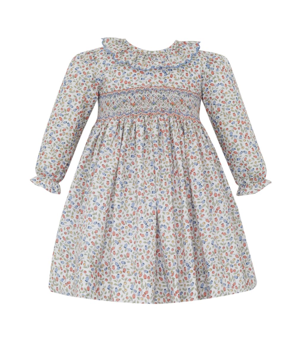 anavini smocked dress Couture Girls Blue and Orange Print with Ruffe Collar Floral Patterns For a timeless, classic A darling royal blue Color:Range Blue