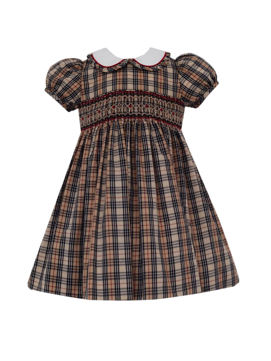 Anavini Couture Girls Burberry Inspired Plaid Smocked Dress with Collar