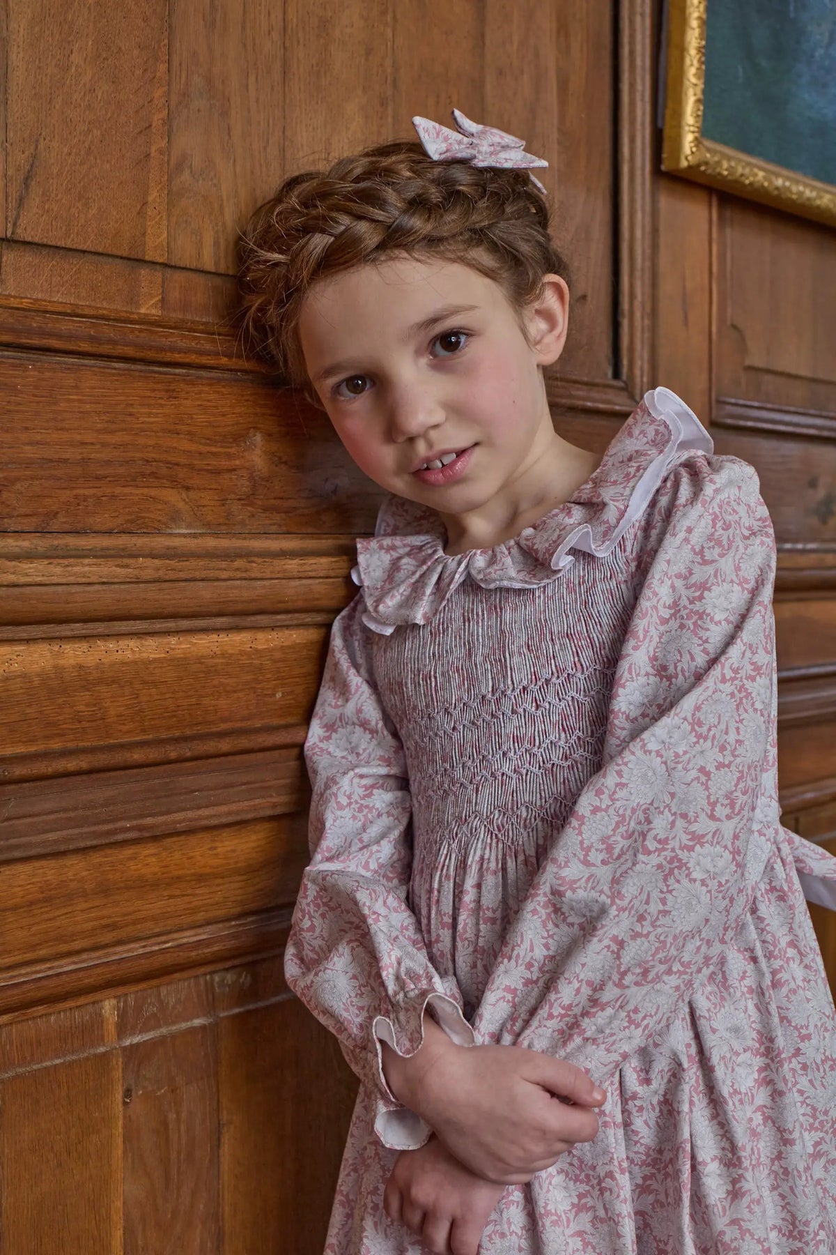 Kidiwi France Girls Pink Floral Smocked Josephine Dress - Contrast Sash - Ruffle Collar by Kidiwi