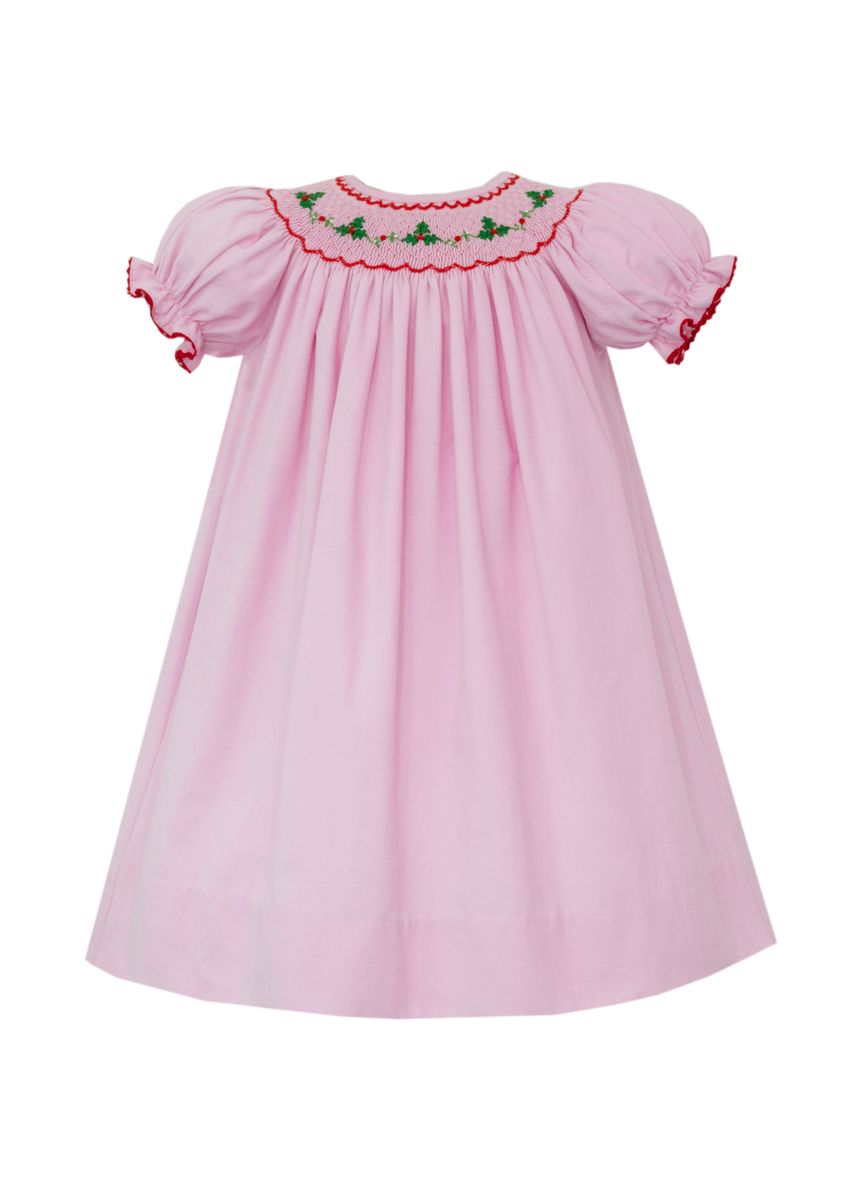 Anavini Couture Pink Corduroy Smocked Christmas Holly Vines Girls Bishop Dress