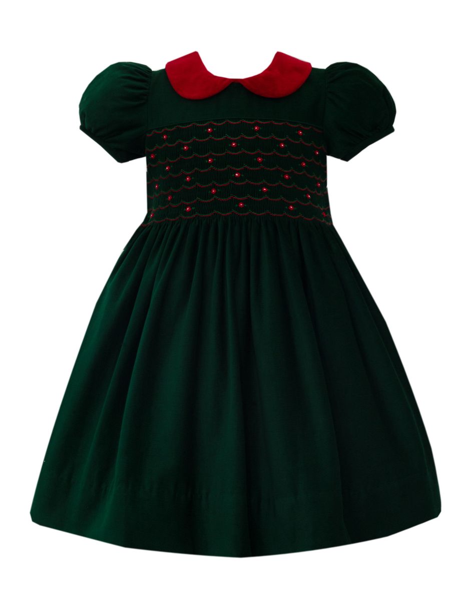 Anavini Couture Girls Green Corduroy Smocked Dress with Red Velvet Collar 4