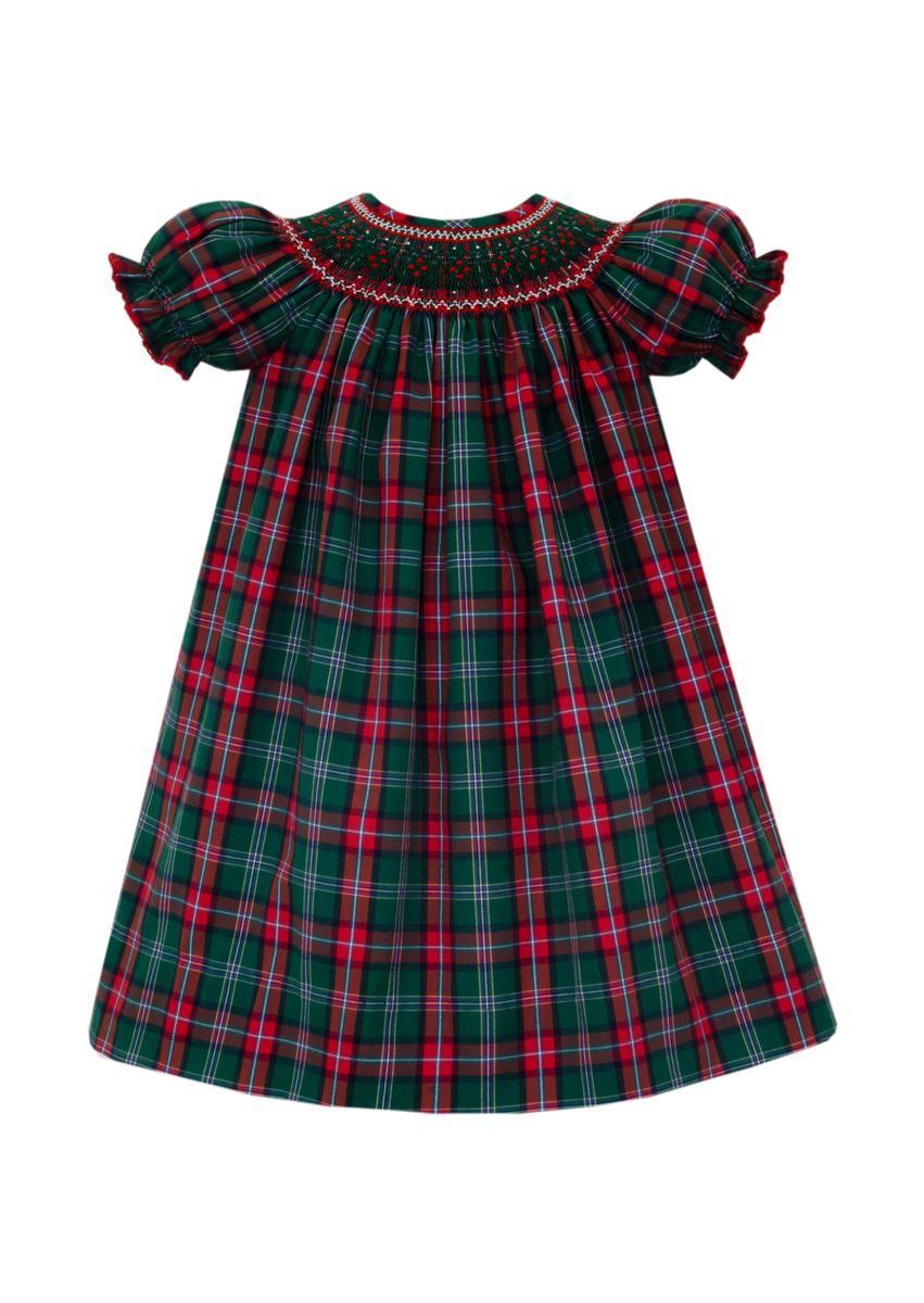 Anavini Couture Girls Green & Red Holiday Plaid Smocked Bishop Dress