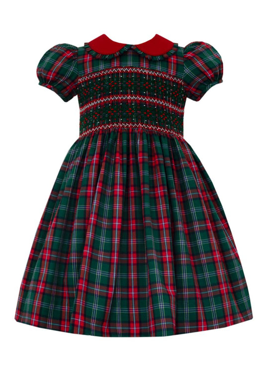 Anavini Couture Girls Red & Green Plaid Dress with Red Collar - Fully Smocked Bodice