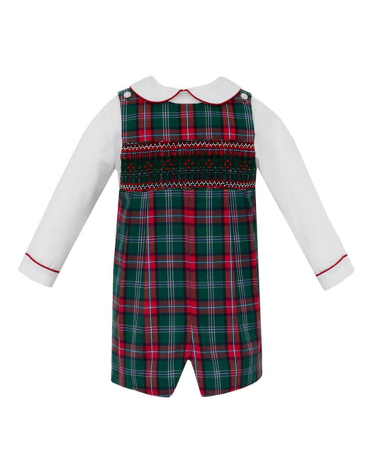 Anavini Couture Boys Red & Green Plaid Jon Jon - White Long Sleeved Shirt Piped in Red