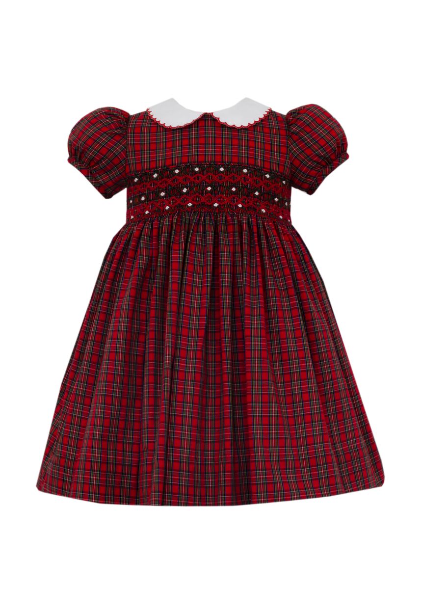 Anavini Girls Red Smocked Plaid Float Dress with White Collar by Anavini