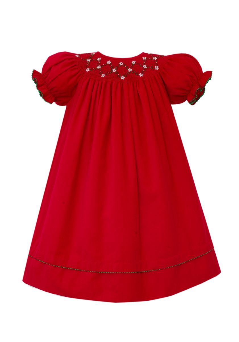 Anavini Girls Red Corduroy Bishop Dress with Wreaths by Anavini