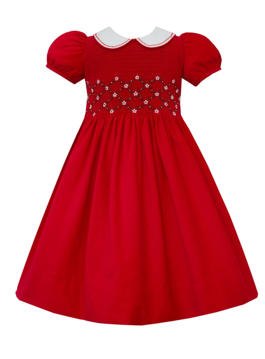 Anavini Girls Red Holiday Plaid Christmas Dress - Smocked Trees & Wreaths