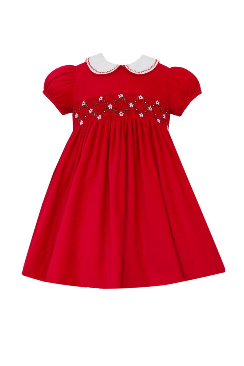 Anavini Girls Red Corduroy Float Dress with White Collar and Christmas