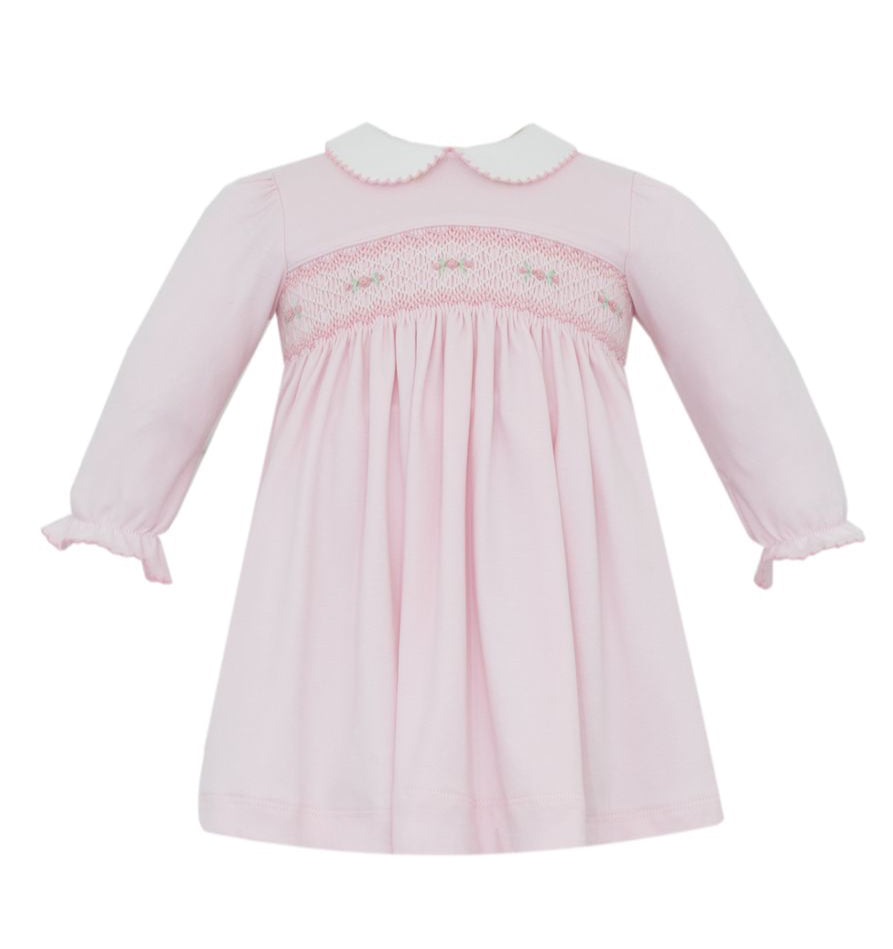 pink long sleeve dress with white collar Petit Bebe Knits Girls Rose Pink Smocked Dress - Long Sleeves