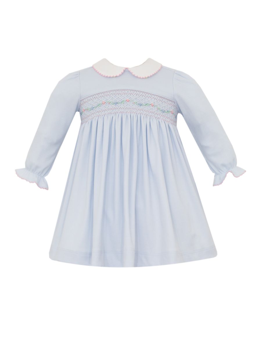Petit Bebe Knits Girls Light Blue Smocked Dress - Long Sleeves & Collar 12M Petit Bebe Knits Girls Light Blue Smocked Dress - Long Sleeves & Collar 12M