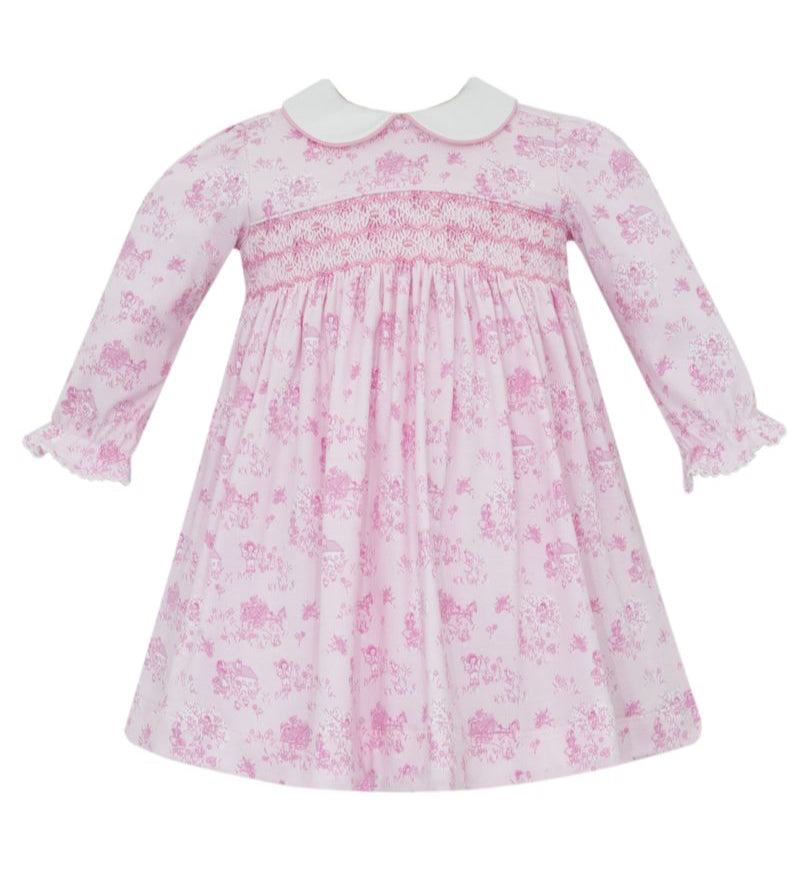 Petit Bebe Knits Girls Pink French Toile Knit Long Sleeved Smocked Dress 4T