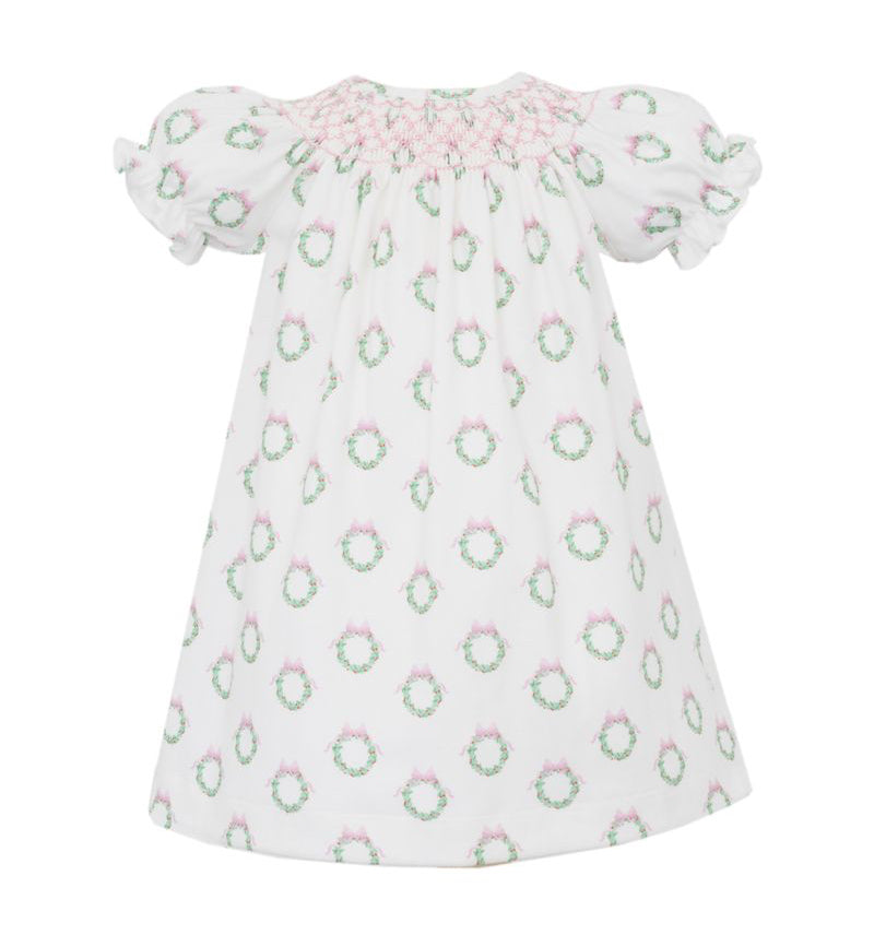 Petit Bebe Knits Girls Holiday Pink Wreath Print Knit Dress by Petit Bebe