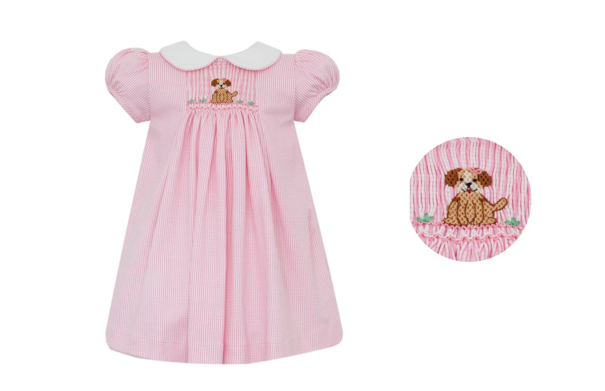 Petit Bebe Knits Girls Pink Gingham Smocked Puppy Dog Dress with Collar 24M Petit Bebe Knits Girls Pink Gingham Smocked Puppy Dog Dress with Collar 24M