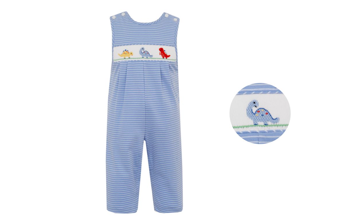 Petit Bebe Knits Boys Blue Striped Longall - Smocked Dinosaurs