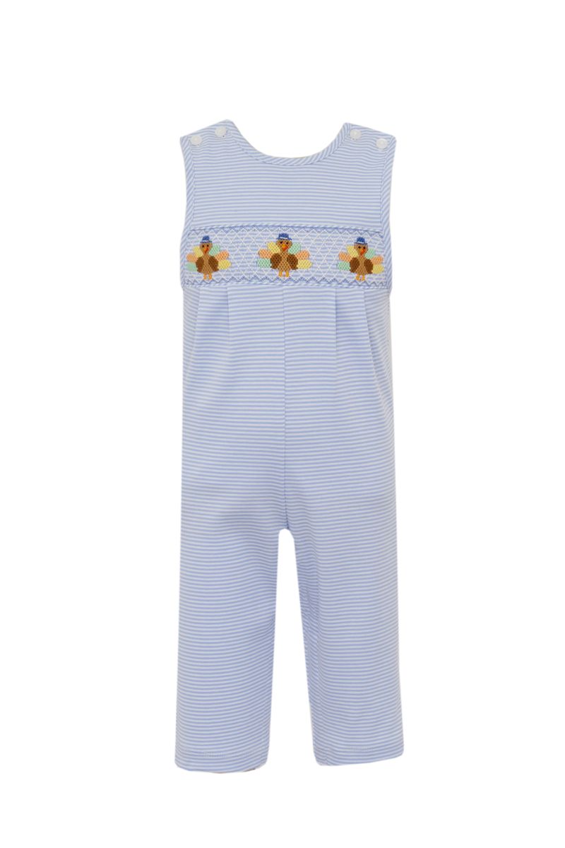 Petit Bebe Boys Light Blue Striped Knit Longall - Smocked Turkeys by Petit Bebe
