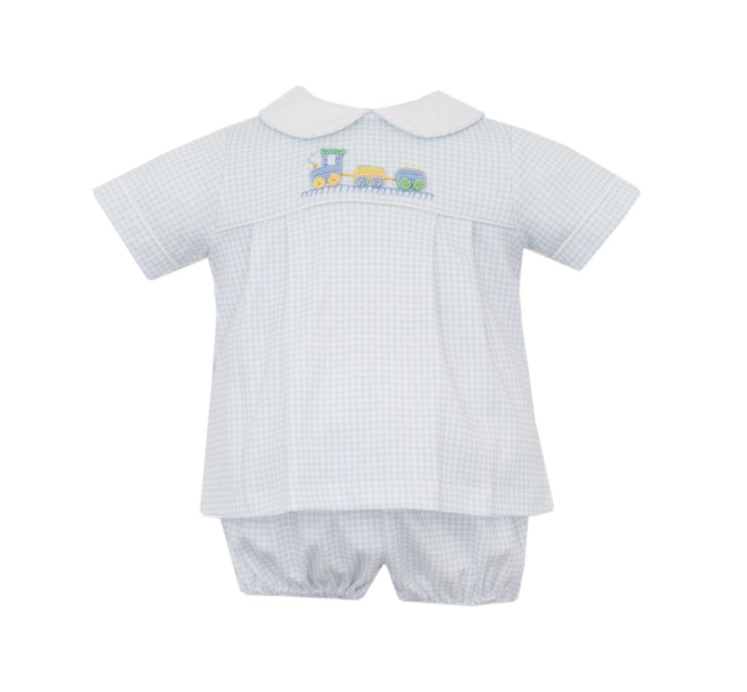 Petit Bebe Knits Baby Boys Light Blue Gingham Train Diaper Set by Petit Bebe