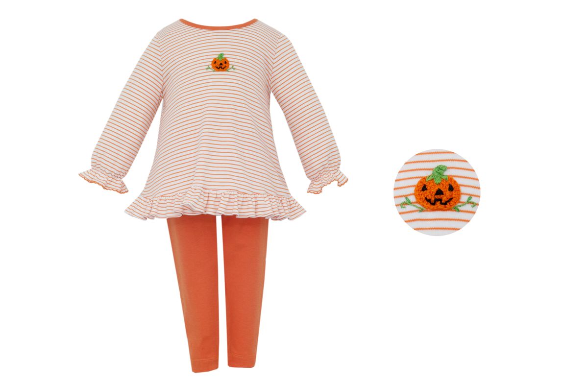 Petit Bebe Knits Girls Orange Leggings with Striped Crochet Pumpkin Top by Petit Bebe