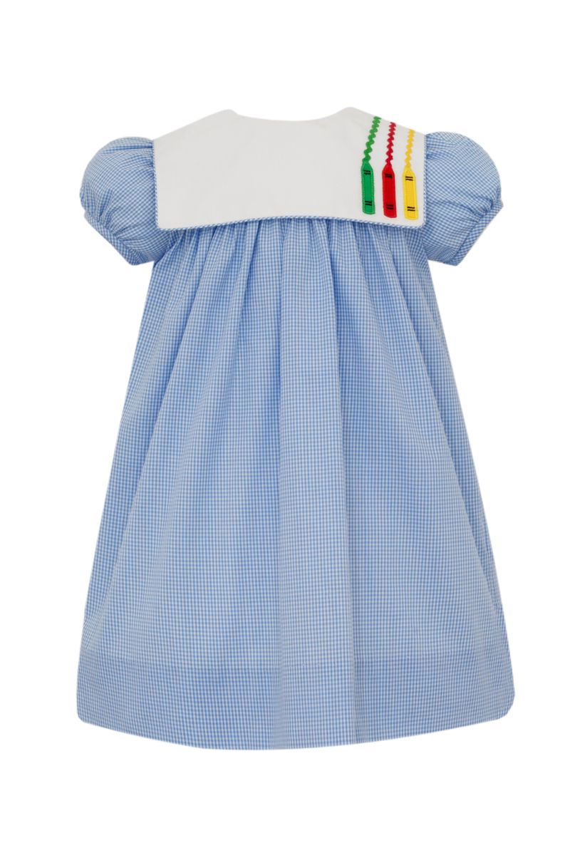 Claire & Charlie Girls Peri Blue Gingham Dress - Square Collar - Crayons 6 Claire & Charlie Girls Peri Blue Gingham Dress - Square Collar - Crayons 6