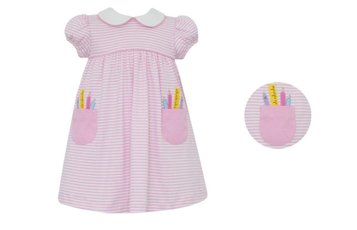 Claire & Charlie Girls Pink Striped School Supplies Dress with Pockets