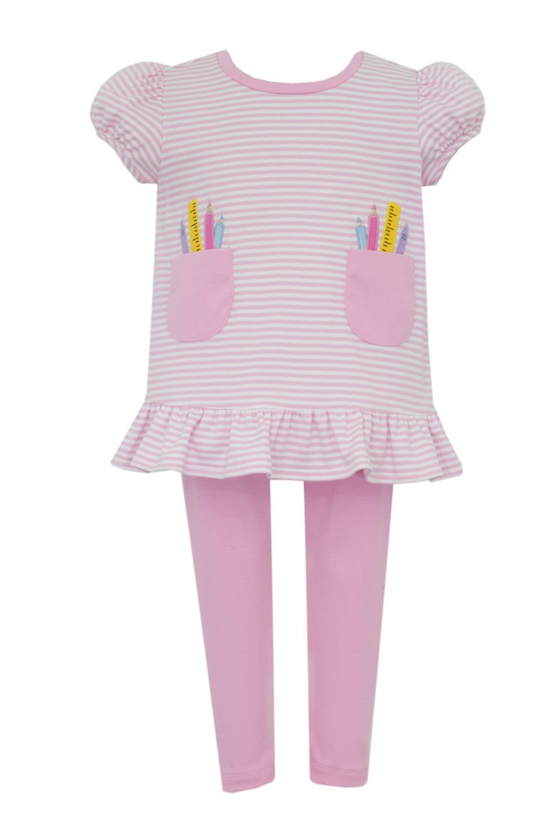 Claire & Charlie Girls Pink Leggings Set - School Supplies Top with Pockets